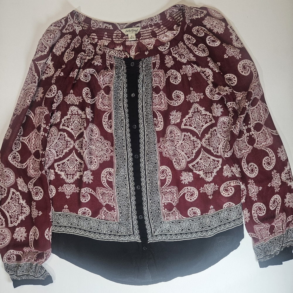 Lucky Brand Button Down Blouse Womens Small Red White Black Paisley Cottagecore